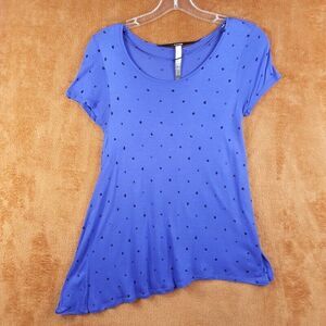 KENSIE Womens Top XS Blue Polka Dot Pullover Asymmetrical Soft Rayon Stretch